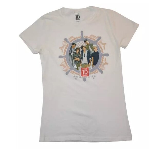 1D One Direction Juniors Nautical Graphic Band Photo White Shirt New XS - Picture 1 of 4